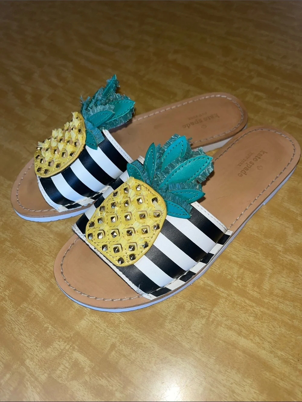 kate spade Black & White Stripe Pineapple Slide Sandals with Teal Leaves